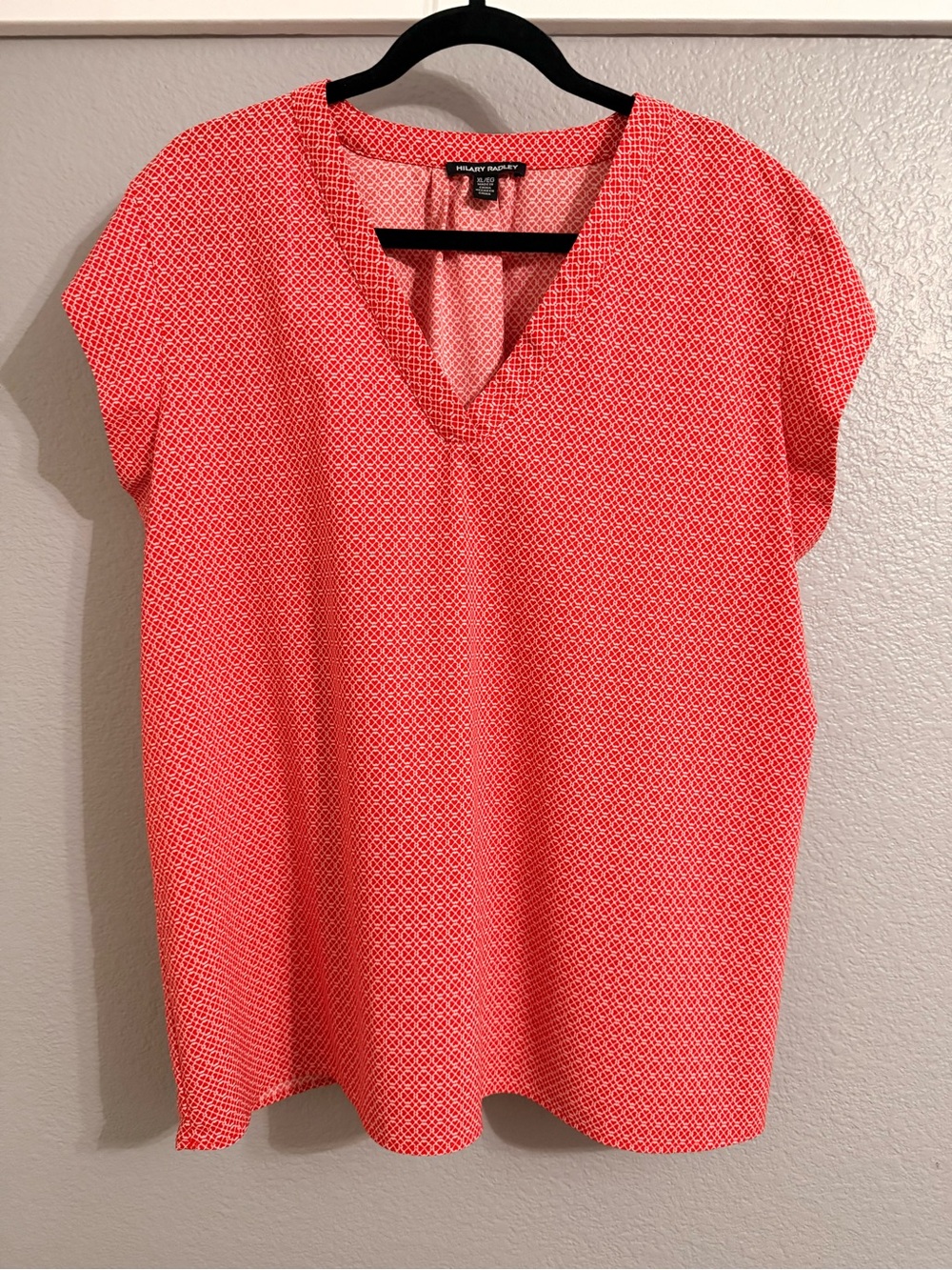 Hilary Radley Coral Geometric V-Neck Short Sleeve Top